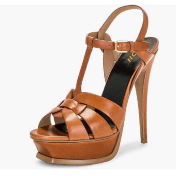 FSJ Brown Strappy Platform Sandals Peep Toe Stiletto Heels T-strap Dress Shoes - Picture 1 of 8